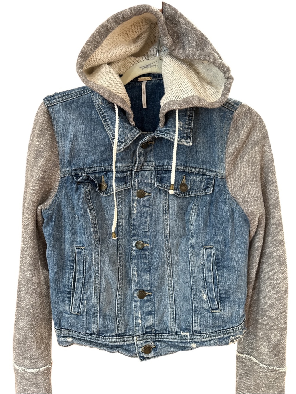 Free People Blue Denim Jacket with Gray Knit Hood & Sleeves